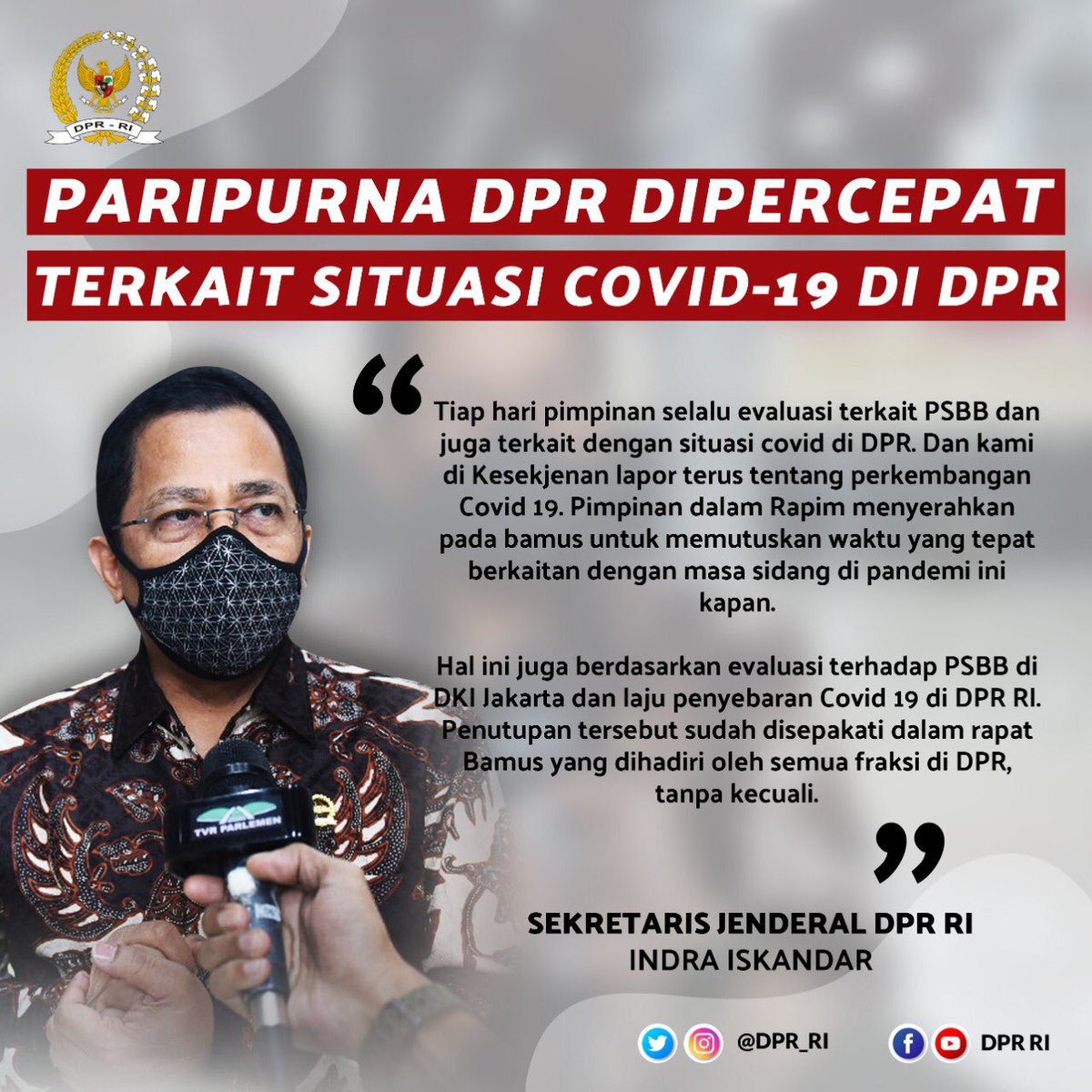 DPR_RI's tweet photo. Sekretaris Jenderal DPR RI Indra Iskandar menjelaskan sebelum dibawa ke Paripurna, RUU Ciptaker ini sudah dibahas di Rapat Bamus untuk ditentukan tanggal pelaksanaan Rapat Paripurna. https://t.co/jlWCk122dl