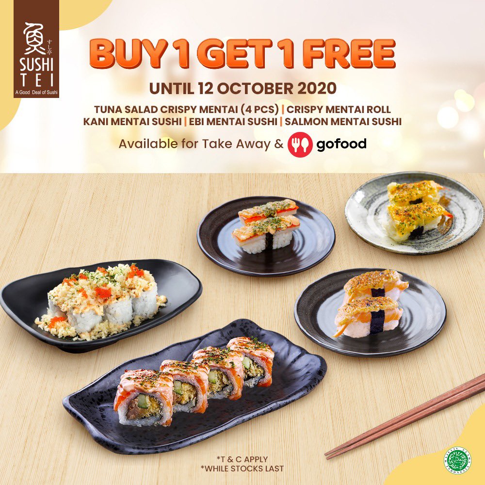 Good News for Sushi Tei Lovers!

Have an extraordinary sushi party with Buy 1 Get 1 Free
*for selected items only

Terms and Conditions : 
- Valid at Sushi Tei Jadetabek area 
- Valid for Go Food and Take Away only
- Other T &amp; C Applies