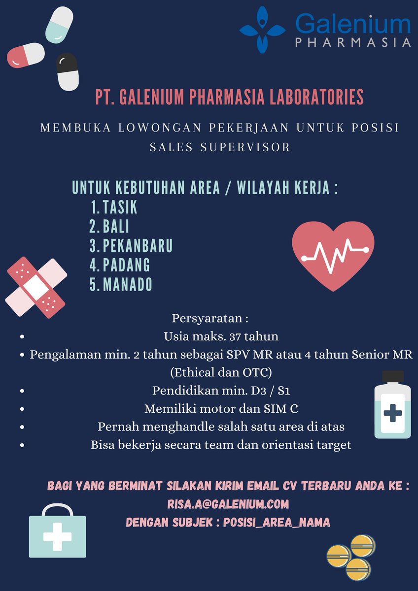 LokerGalenium's tweet photo. URGENTLY REQUIRED! Bagi Anda yang memenuhi kualifikasi segera kirim lamaran ke risa.a@galenium.com dengan subject Posisi_Nama_Area. Terima kasih :) https://t.co/iFIR3M3FxO