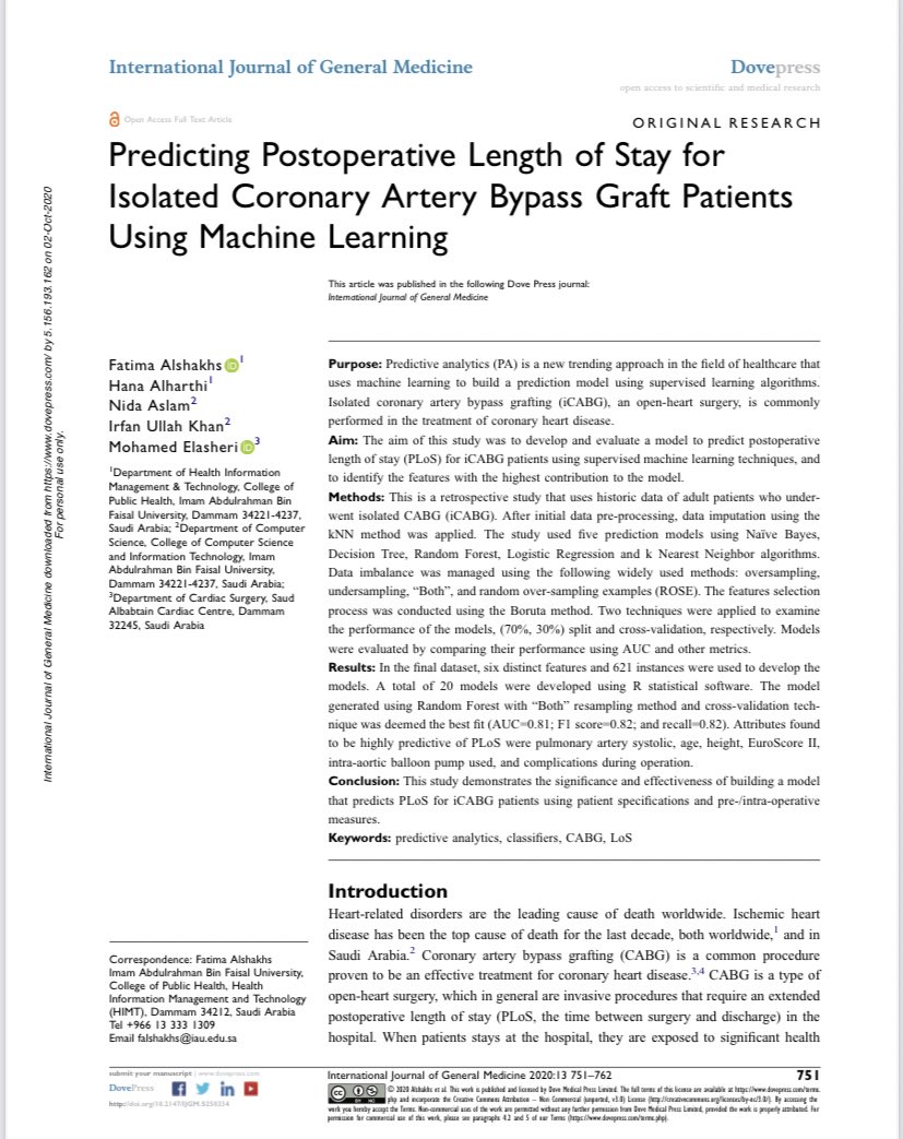 بحمدالله وتوفيقه تم نشر ورقةعلمية
 لـ د.هناء الحارثي و أ.فاطمةالشخص
بالتعاون مع كلية علوم الحاسب وتقنيةالمعلومات بعنوان:
Predicting Postoperative Length of Stay for Isolated Coronary Artery Bypass Graft Patients Using Machine Learning
متمنين لهن التوفيق ✨
dovepress.com/predicting-pos…