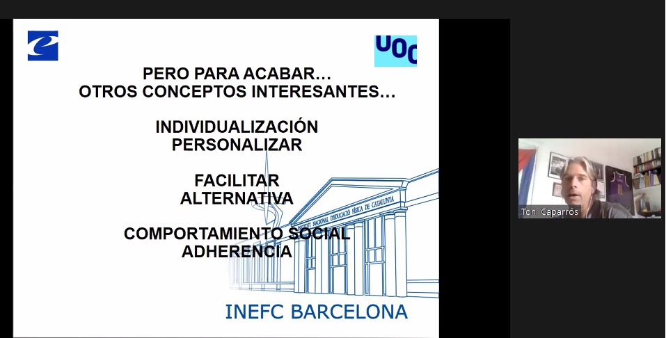 Toni Caparrós (@uvic_sparg, @inefcat) explains the results of 17 experimental studies on the prescription of healthy #PhysicalExercise through #mobile, #DigitalTechnologies. No differences were found with face-to-face methods.

Chair: @Bach_Faig

#SportsAndHealthAnalytics