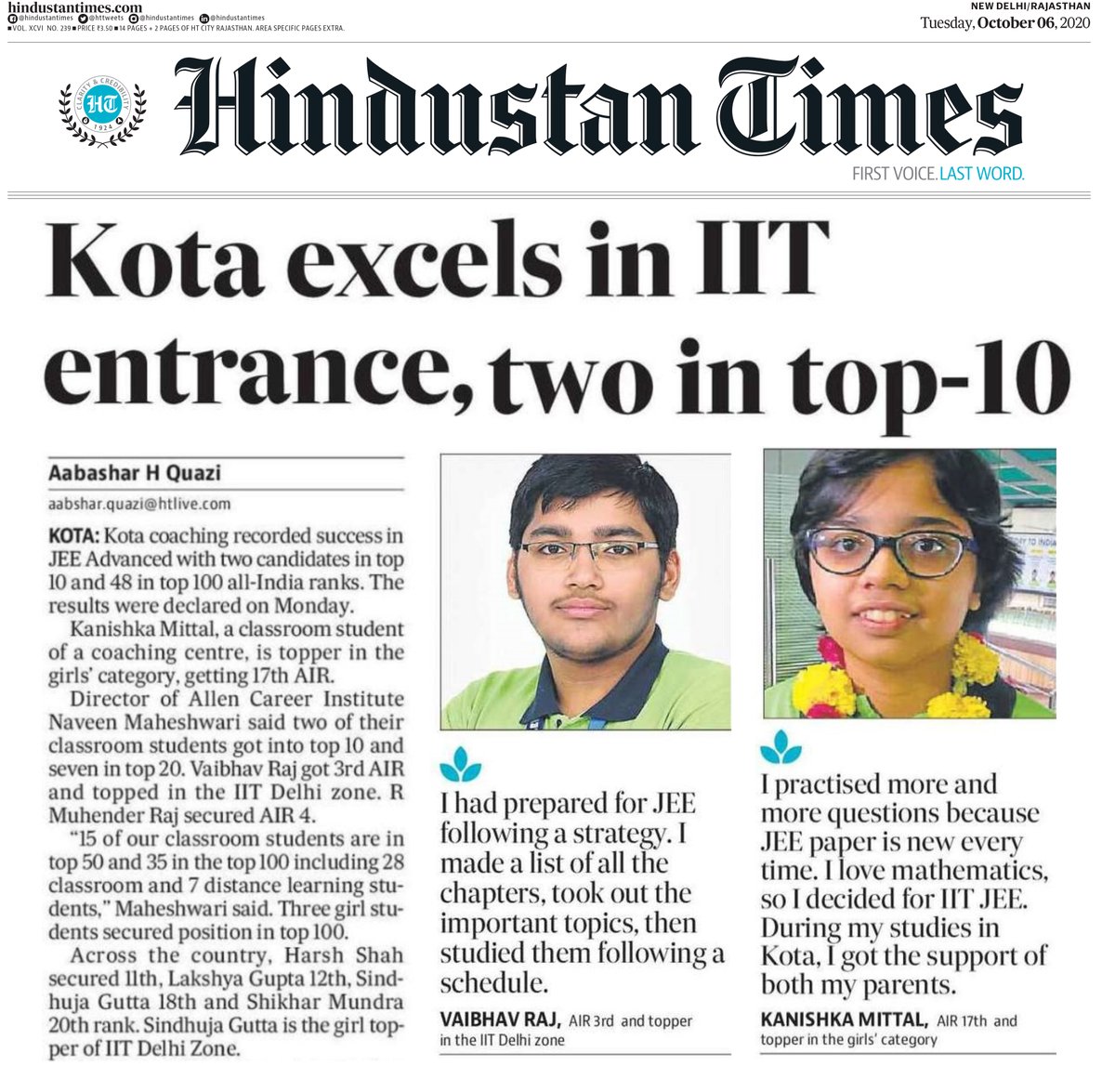 ALLENkota's tweet image. #jeeadvancedresult 
City of Education #Kota excels in #IITJEE exam results. ALLEN classroom Student Kanishka becomes All India Girls&apos; Topper. 35 ALLEN students have secured positions in the Top 100. #ThinkIIT #ThinkALLEN 
@HindustanTimes @DrRPNishank @narendramodi @ashokgehlot51