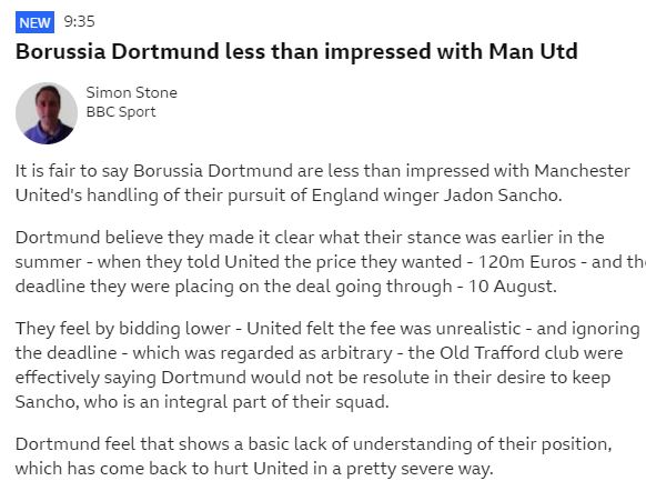 sistoney67's tweet photo. BVB feel @ManUtd totally misread their position on Jadon Sancho and ignored their statements on fee and deadline believing they would buckle, when they had no intention of doing so. https://t.co/HOPrHD2hka