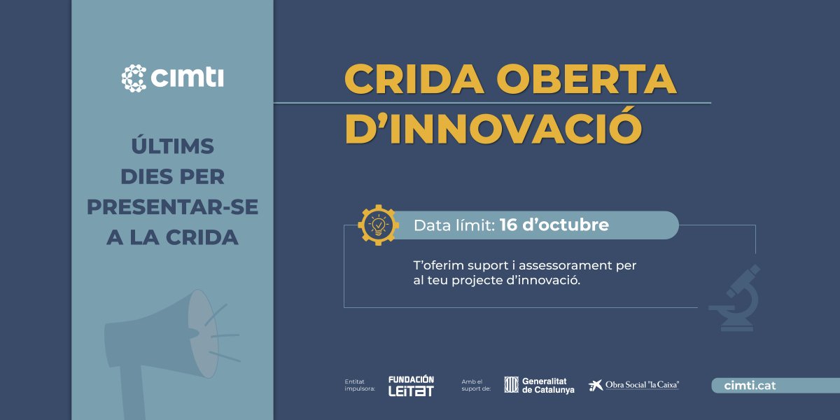 CIMTI_cat's tweet photo. 🚀 ¿Tienes un proyecto innovador en el ámbito sanitario y social? Nuestro Programa Impacto utiliza una metodología propia, adaptada del #GAITS del @CIMIT, para ofrecer apoyo personalizado de la manera más eficiente posible.
🗓 Fecha límite: 16/10
➡ https://t.co/kao9MBrjnD https://t.co/5q6LnMTXxS