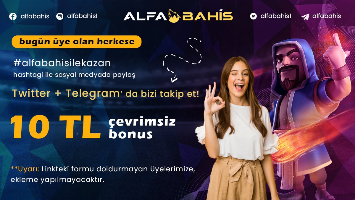 📢Bugün #Alfabahis'e üye olan herkese;
💰10TL çevrimsiz bonus hediye!

☑️Twitter ve telegramda takip et,
🔁#alfabahisilekazan hastagiyle paylaş,
👥RT+Arkadaşlarını etiketle,
⚠️Linkteki formu doldur↙️
👉bit.ly/alfabonus2

➡️t.me/alfabahis
➡️alfabahis104.com