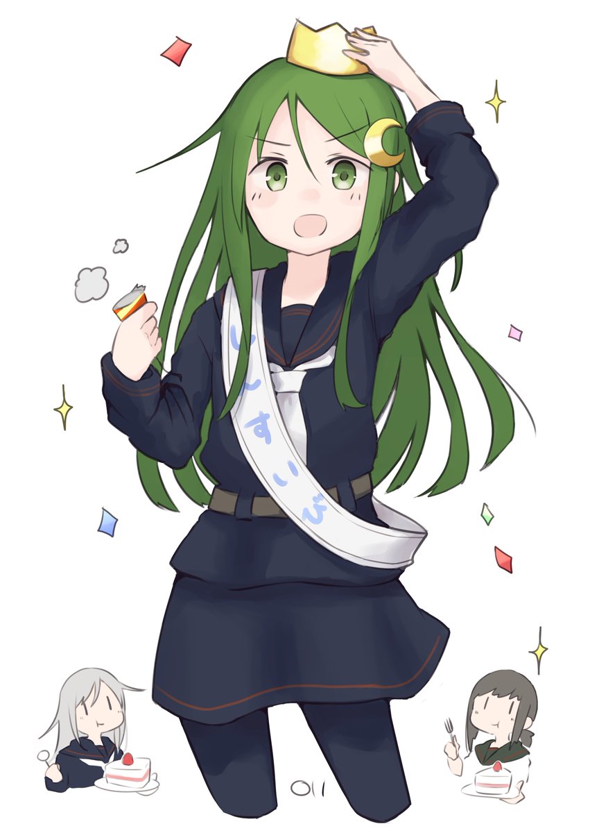 fubuki (kancolle) ,nagatsuki (kancolle) multiple girls green hair green eyes 3girls school uniform crescent long hair  illustration images