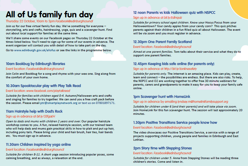 BroomhousePs's tweet photo. Check out this wonderful virtual fun day programme from Edinburgh City Council, some amazing activities for all the family to join in with...#virtualfunday #allofus #edinburghcitycouncil https://t.co/mtQI004RcM