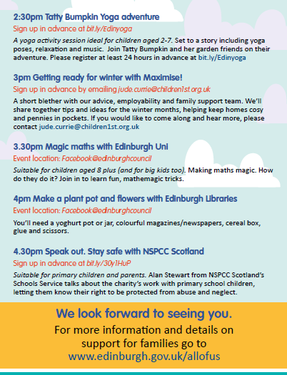 BroomhousePs's tweet photo. Check out this wonderful virtual fun day programme from Edinburgh City Council, some amazing activities for all the family to join in with...#virtualfunday #allofus #edinburghcitycouncil https://t.co/mtQI004RcM