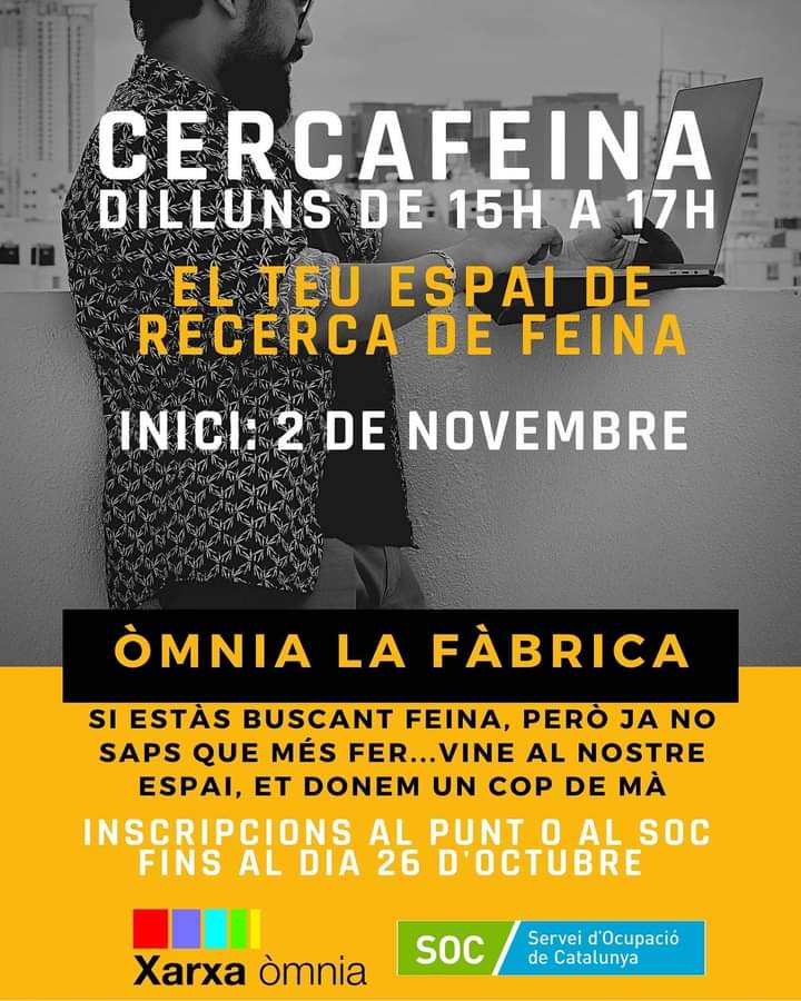 Obrim inscripcions pel taller CercaFeina!!!
Pots fer la teva inscripció directament a l'oficina del SOC o al nostre punt.
#xarxaòmnia <a href="/xarxaomnia/">Xarxa Òmnia</a> #feina #buscatrabajo