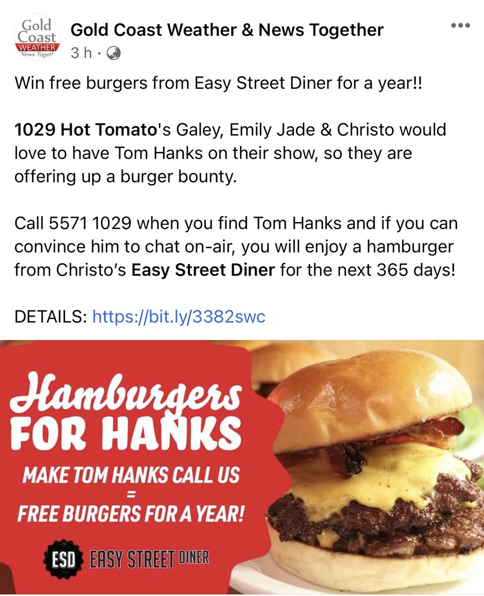 Luggo's tweet photo. @tomhanks. I would love 365 days of Easy Street Burgers. You should go there, they are yummo! https://t.co/62P8QTF1oL