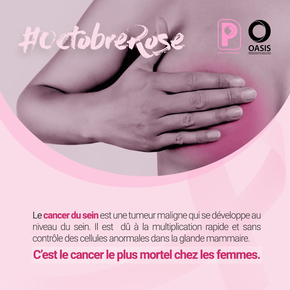OASISBenin's tweet photo. #breastcancerawareness
Cette semaine nous allons en apprendre un peu plus sur le cancer du sein.
Le cancer du sein est du à la multiplication anarchique des cellules modifiées de la glande mammaire.
#OctobreRose #fuckbreastcancer #bpinkproject20 https://t.co/W6qySLg7lb