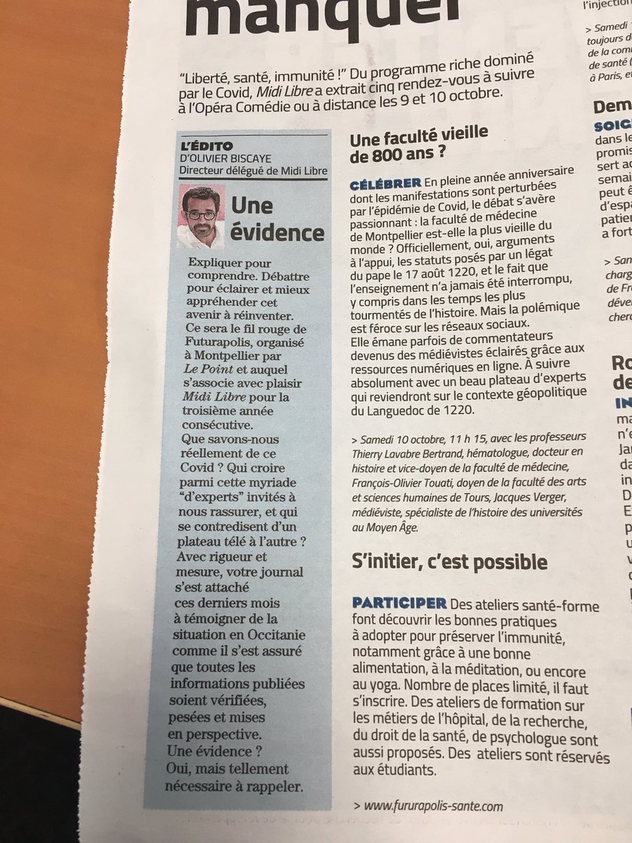 #Futurapolis à #Montpellier les 9 et 10 octobre : <a href="/Midilibre/">Midi Libre</a> partenaire de ce bel événement. Notre supplément ce matin dans le journal <a href="/GournaySophie/">Sophie Gournay</a> <a href="/gernelle/">Etienne Gernelle</a> <a href="/MDelafosse/">Michaël Delafosse - Maire de Montpellier</a> <a href="/fogiesbert/">F-O Giesbert</a>