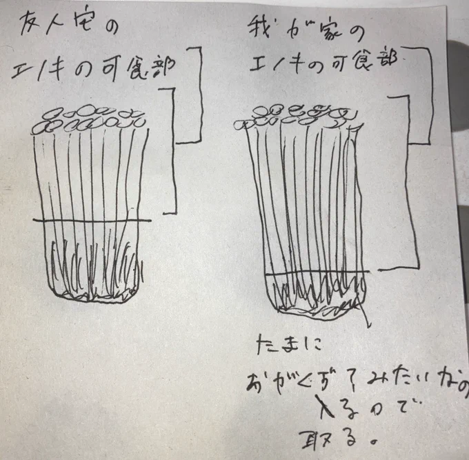 友人と
「秋はキノコだねー」
「わかるーでも仕事終わって家帰ったらもうエノキほぐすのさえめんどいw」
「エノキほぐすって?」
「えっ?」
というやりとりをして判明した衝撃の事実 