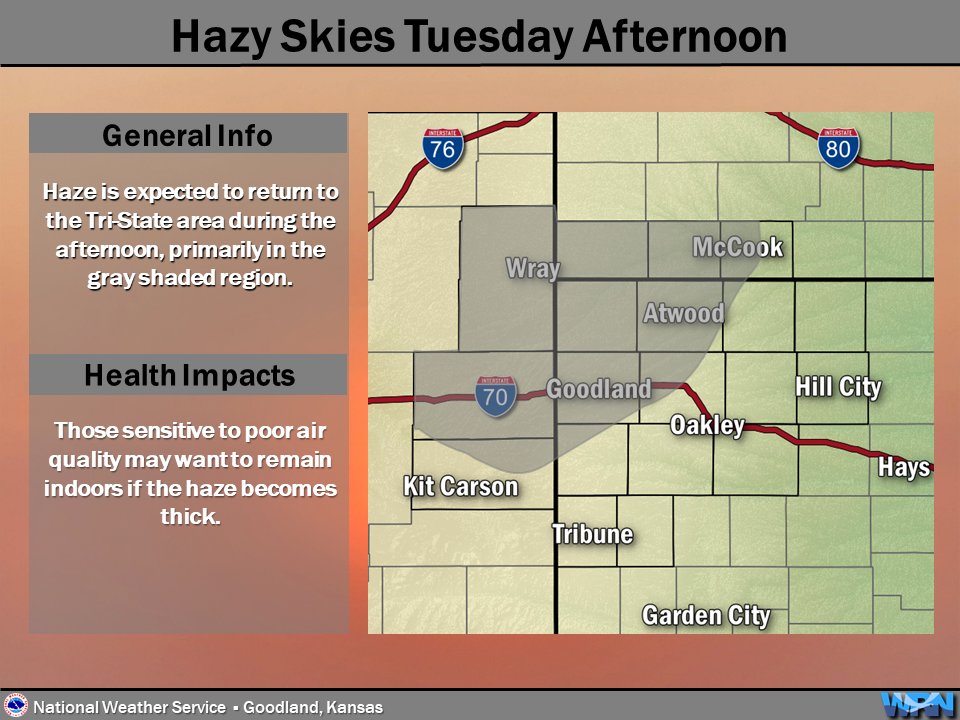 Haze is expected to return to portions of the Tri-State area this afternoon. Those sensitive to poor air quality may want to consider remaining indoors. #cowx #newx #kswx