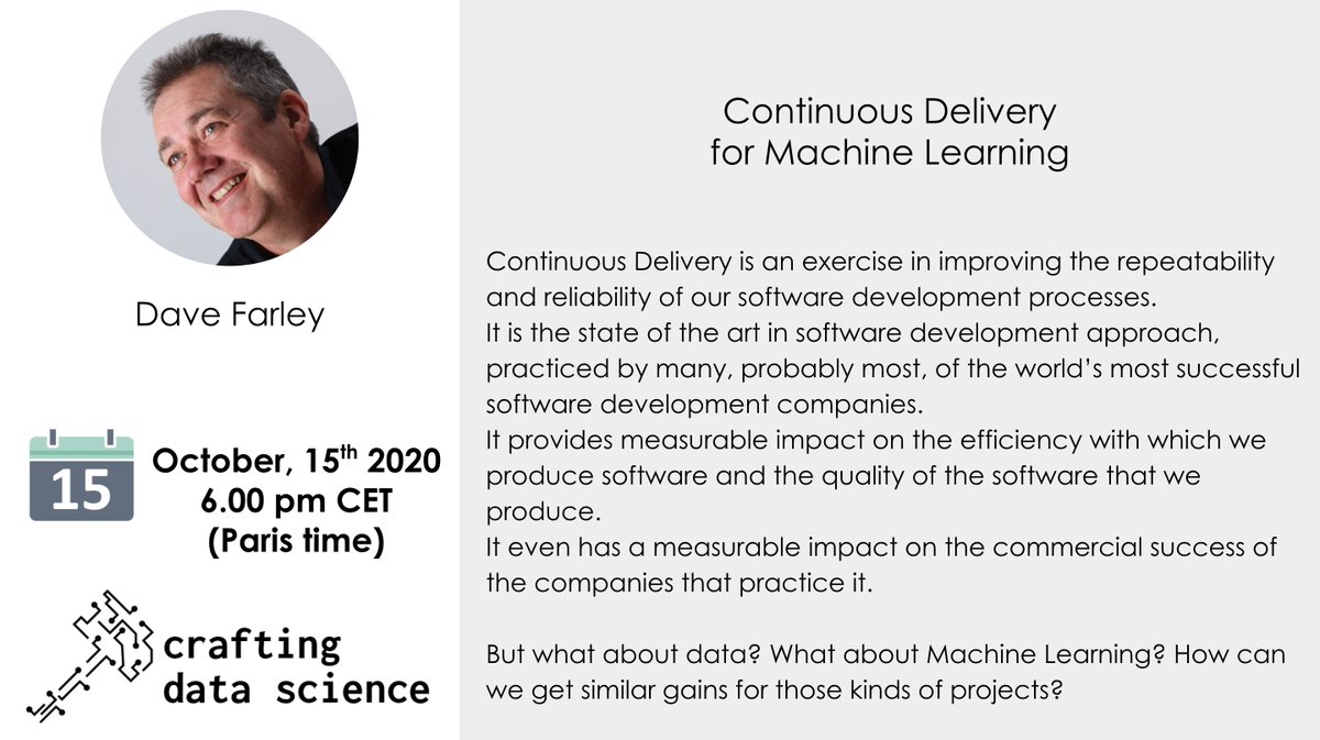 wasselovski's tweet photo. D-9
Can't wait!
Continuous Delivery for Machine Learning with @davefarley77 and @EmilyGorcenski  
Register here 👉 https://t.co/0iSaxHwswe 
#ContinuousDelivery #MachineLearning #CD4ML #CraftingDataScience @crafting_data https://t.co/gObQTNqp00