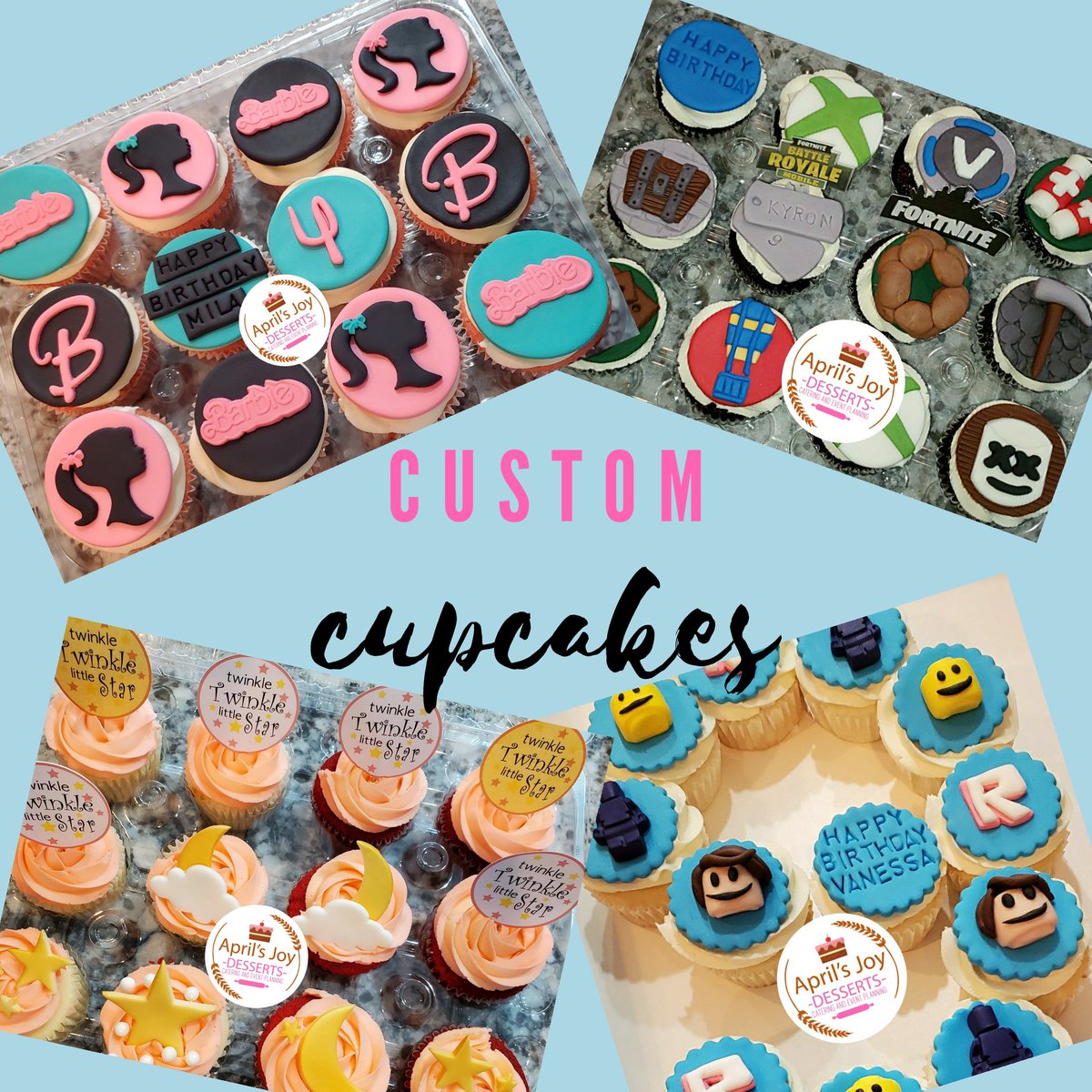 Having a small event, but you still want something custom??? Custom cupcakes are perfect.  We have some Barbie cupcakes, Fortnite cupcakes,  Roblox Cupcakes and some Twinkle Twinkle Twinkle little star cupcakes. #Barbie #Fortnite #Roblox #Baker #Customcupcakes #Aprilsjoydesserts