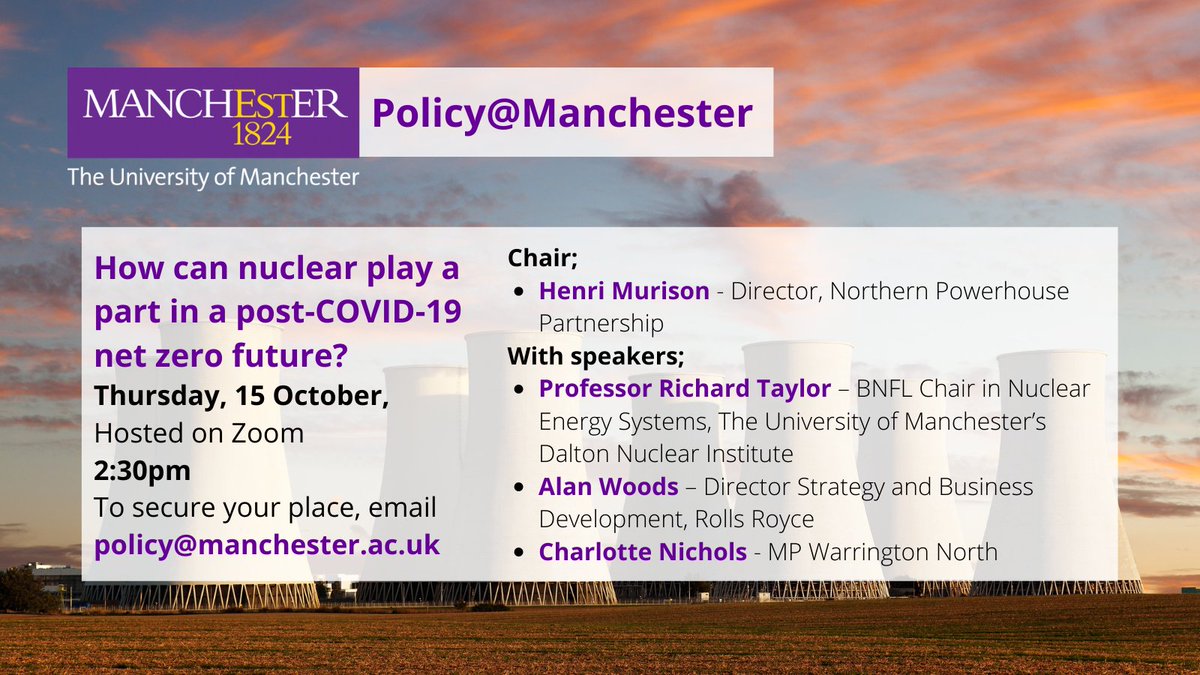 Join us for a virtual panel discussion on the future the UK's #NuclearIndustry, the role it can play in our #NetZero targets, and what support is needed from government and policymakers. Find out more and register here: policy.manchester.ac.uk/activities/eve…