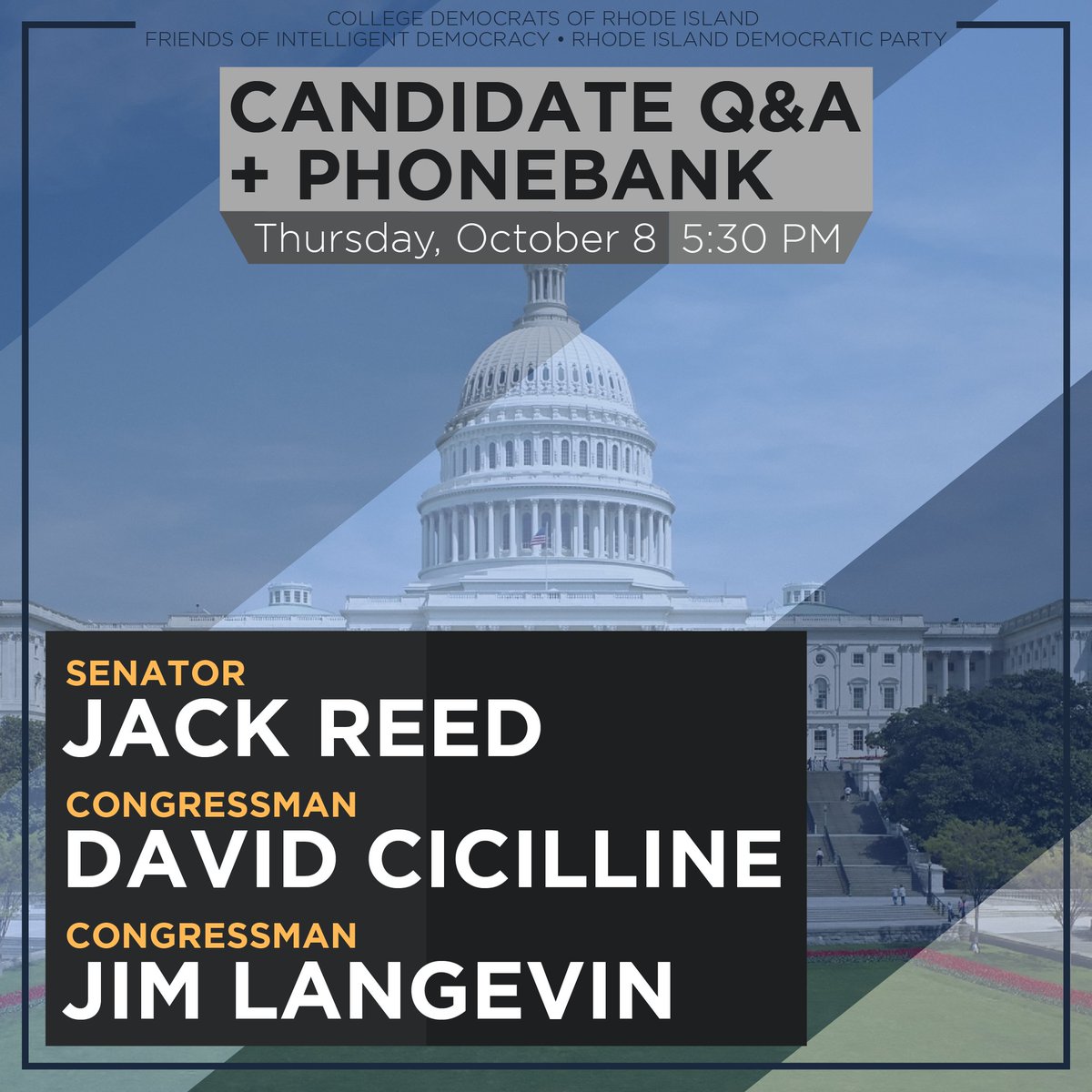 RICollegeDems's tweet photo. Mark your calendars! On Thursday, October 8 at 5:30PM, we're co-hosting a Candidate Q&amp;A + Phonebank with @intellidem and @RIDemParty, featuring @davidcicilline, @JimLangevin, and @jackreed2020

Sign up here: https://t.co/9r3M650T13 https://t.co/GNAI9GLWXG