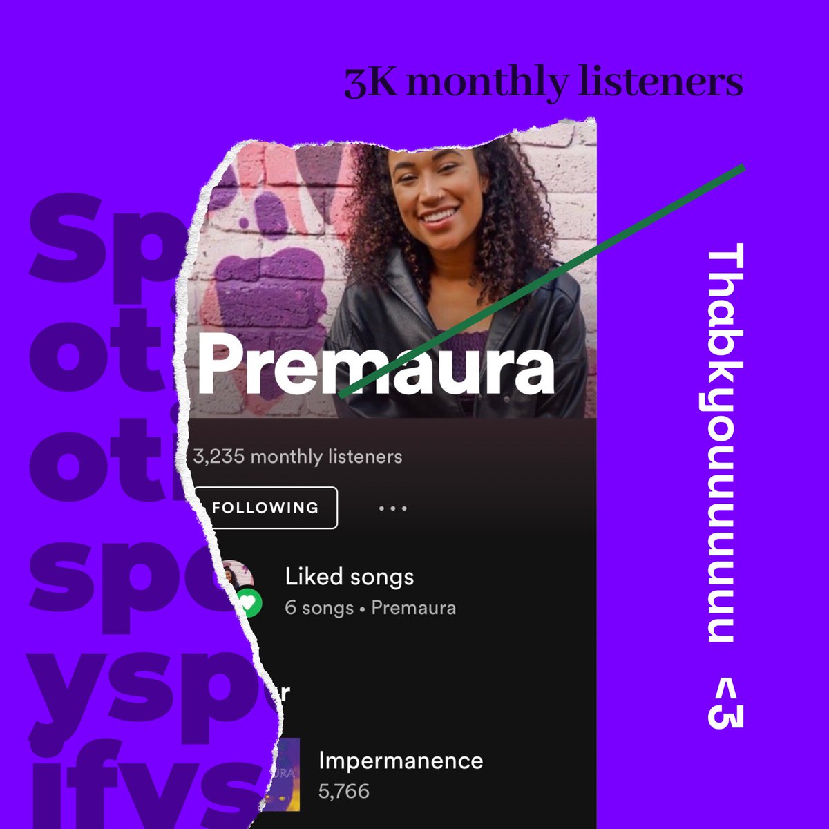 3k listeners over on @SpotifyUK @spotifyartists Thankyou 💜🙏🏽
Stream the new track here ffm.to/impermanence
#ukmusic #leedsmusicscene