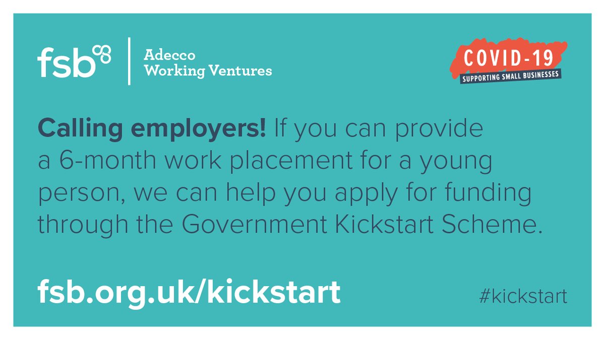 FSBNorthWest's tweet image. Heard about the #KickstartScheme? 📢
Not sure how to get involved? 🤔

Join the @fsb_policy webinar with @DWP and our partners @AdeccoWV on 13 October to find out how your #SmallBiz can make a big difference to a young person.

Register here: fsb.org.uk/event-calendar…