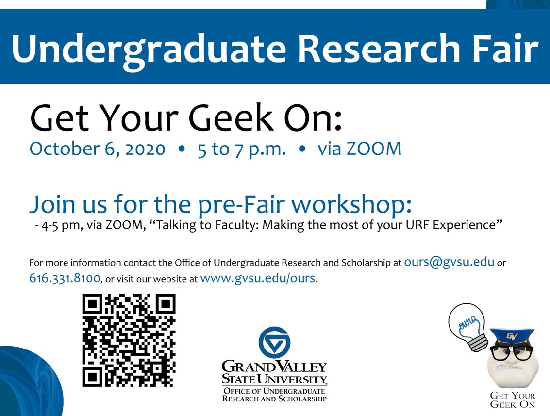 TODAY is the Undergraduate Research Fair, hosted by <a href="/GVSUOURS/">GVSU OURS</a>  (OURS)! Get your geek on tonight from 5pm-7pm via Zoom. 

FULL DETAILS: gvsu.edu/ours/undergrad… 

#GVSUHTM #EngageEnrichEnhance #GetYourGeekOn