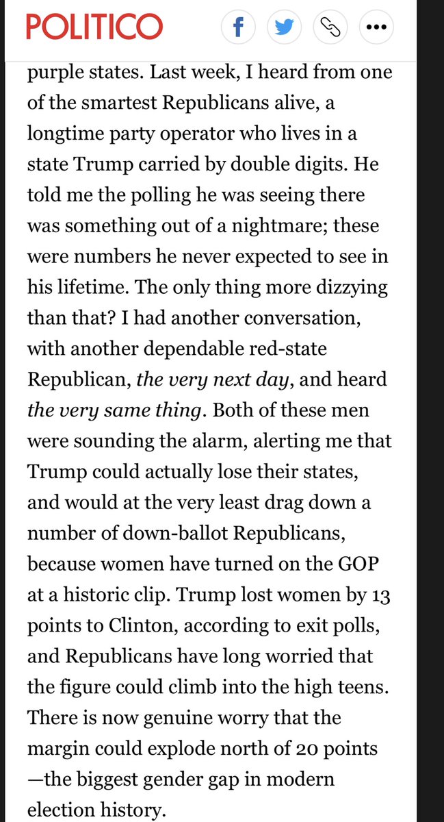 4. Trump might lose women voters by numbers we’ve never imagined. https://www.politico.com/news/magazine/2020/10/06/four-notes-election-reporter-notebook-426599