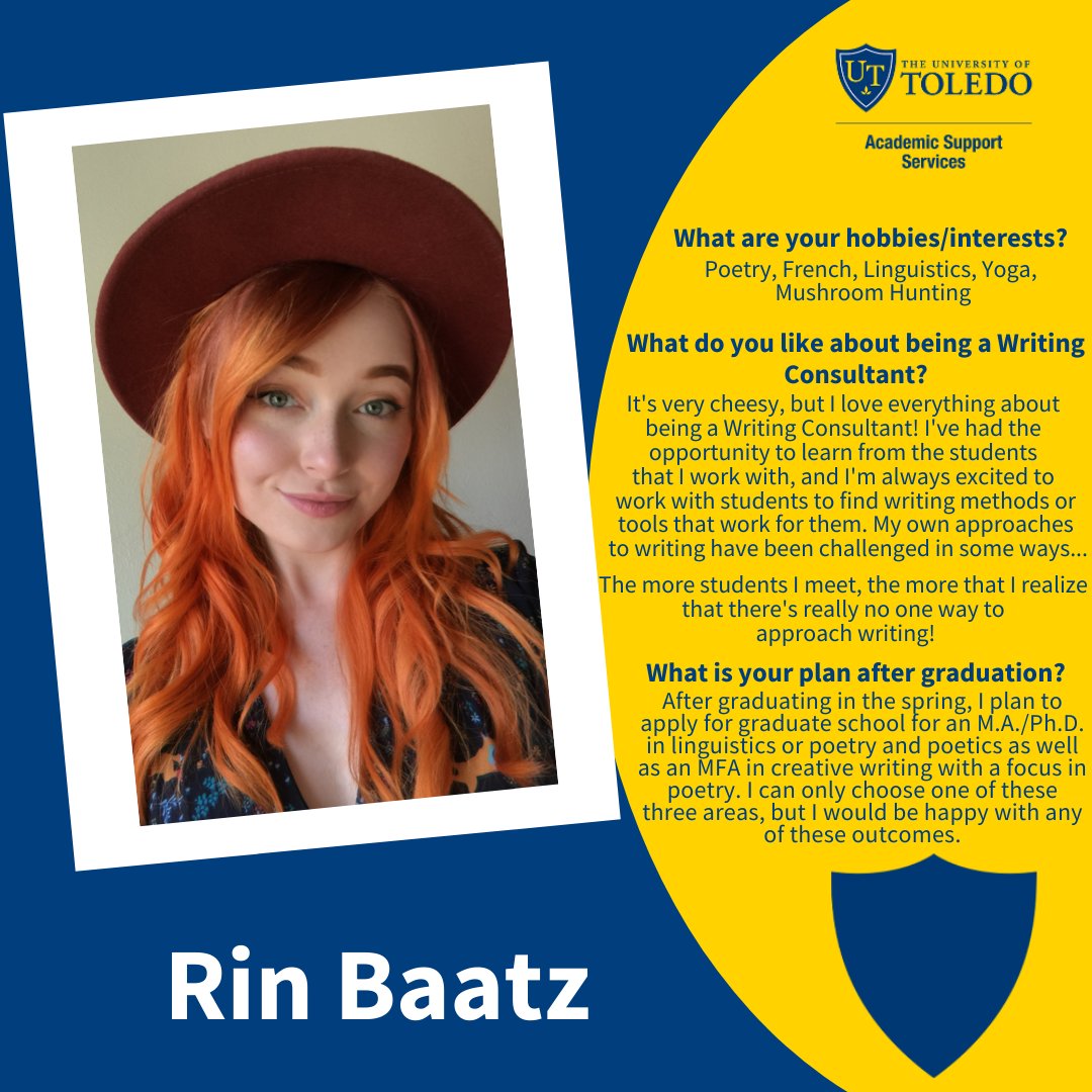 UToledoWC's tweet photo. It's day 2 of Writing Consultant Appreciation Week, and today we are giving a special shout out to Rin, our Lead Writing Consultant!
#UToledo #UToledoWC #WritingCenters #TutorAppreciationWeek #GoRockets https://t.co/ebmfXkfS4G