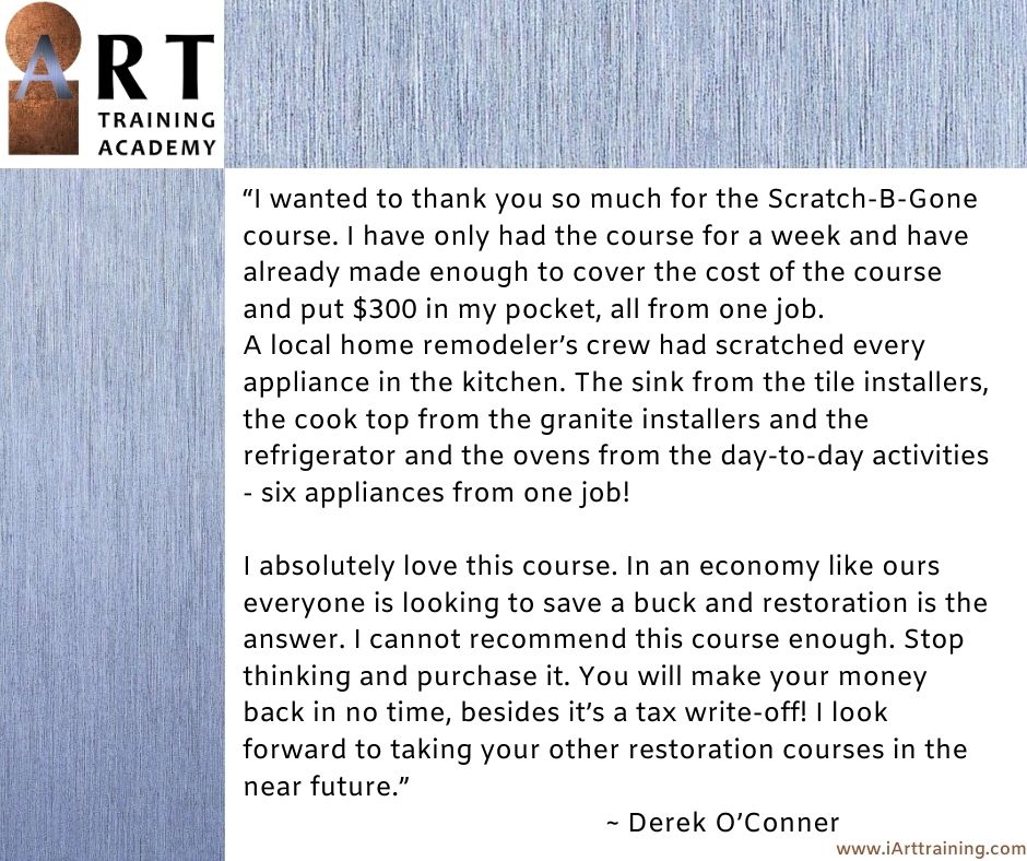 BarrysRIA's tweet photo. We always love getting feedback from our iArt students! Thanks Derek, and happy to hear that the courses are paying off for you! 
#stainlesssteel #metalrestoration #iArtTraining https://t.co/1lIHCl6mto
