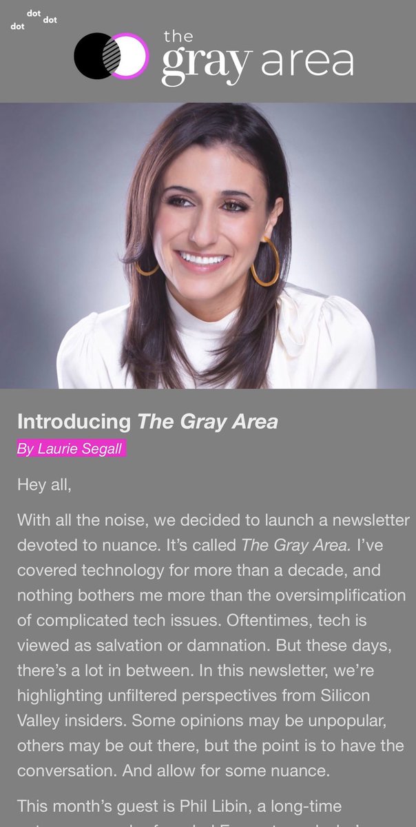 LaurieSegall's tweet image. With all the noise, we decided to launch a newsletter devoted to nuance. It’s called The Gray Area. This month’s contributor is @plibin who says the idea that tech is neutral is a myth, &amp;amp; if anything, “lazy.” Have an unfiltered opinion? Ping me! Sign up: eepurl.com/hfgqYb
