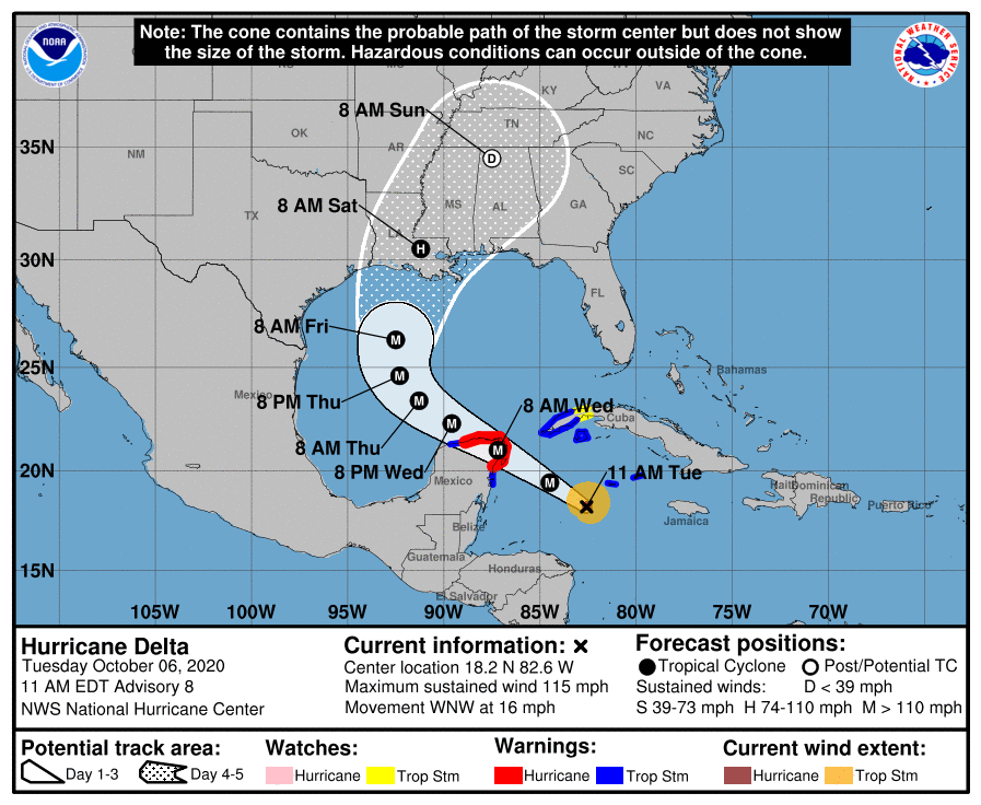 With Hurricane Delta just over 100 miles to the southwest of the Cayman Islands, and expected to soon strengthen to a category 3, the National Hazard Management Council is calling for members of the public to stay indoors, stay safe and above all stay off the water.
(NHC Image)
