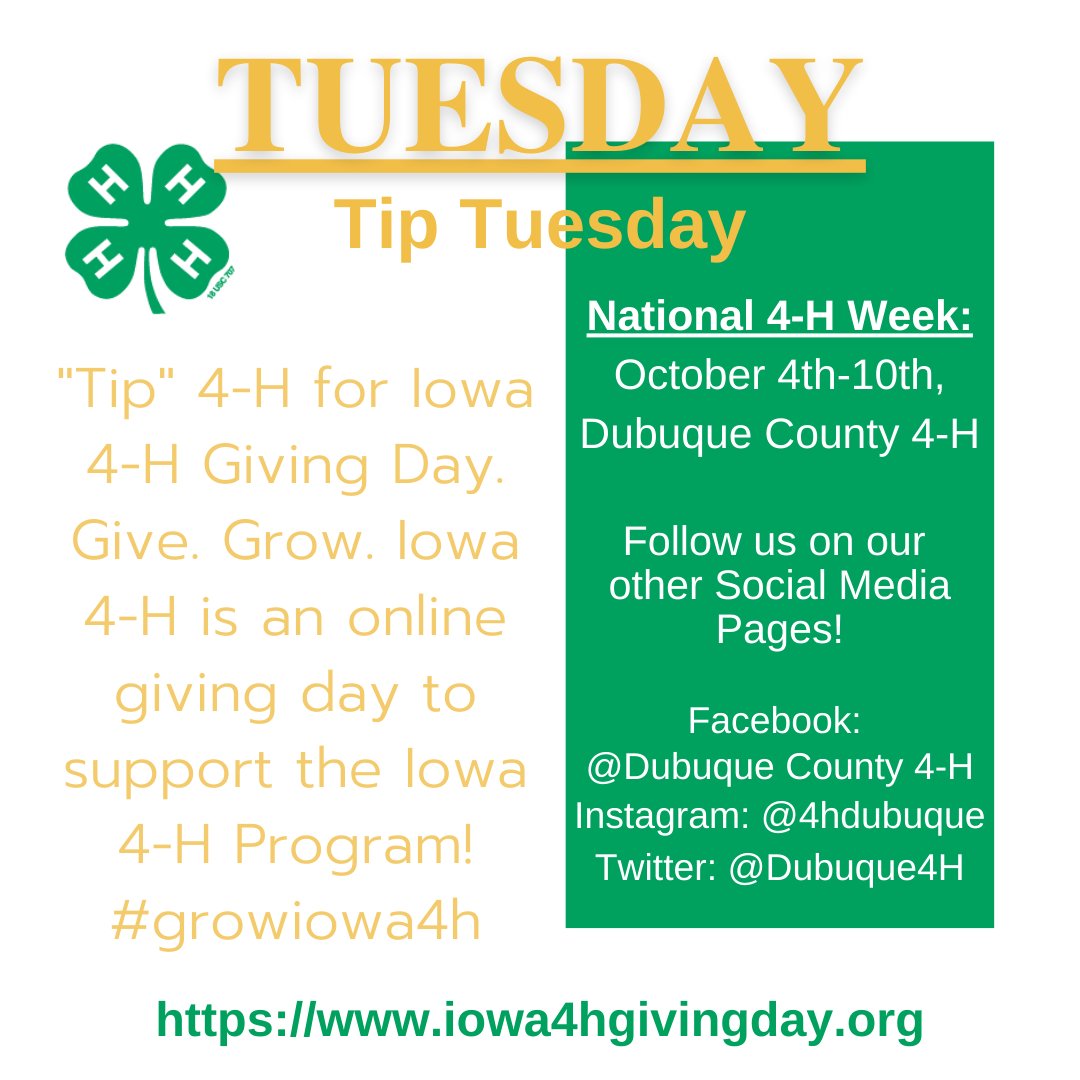 Dubuque4h's tweet photo. "Tip" 4-H for Giving Tuesday! 
Join us to provide the financial support needed to help the 4-H Program continue their incredible work across Iowa. Give a gift and be a part of a collective effort to strengthen your 4-H Program and better serve the youth of our state! https://t.co/pyTqepjIZu
