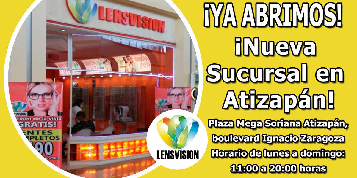 lensvision2's tweet photo. ¡Seguimos creciendo! 🥳🥳

Visítanos en nuestra nueva sucursal ubicada en  Plaza Mega Soriana Atizapán, boulevard Ignacio Zaragoza, #Atizapán de Zaragoza.

#CalidadGarantizadaAlMejorPrecio #Lensvision #Óptica https://t.co/1qbK2s6SnE