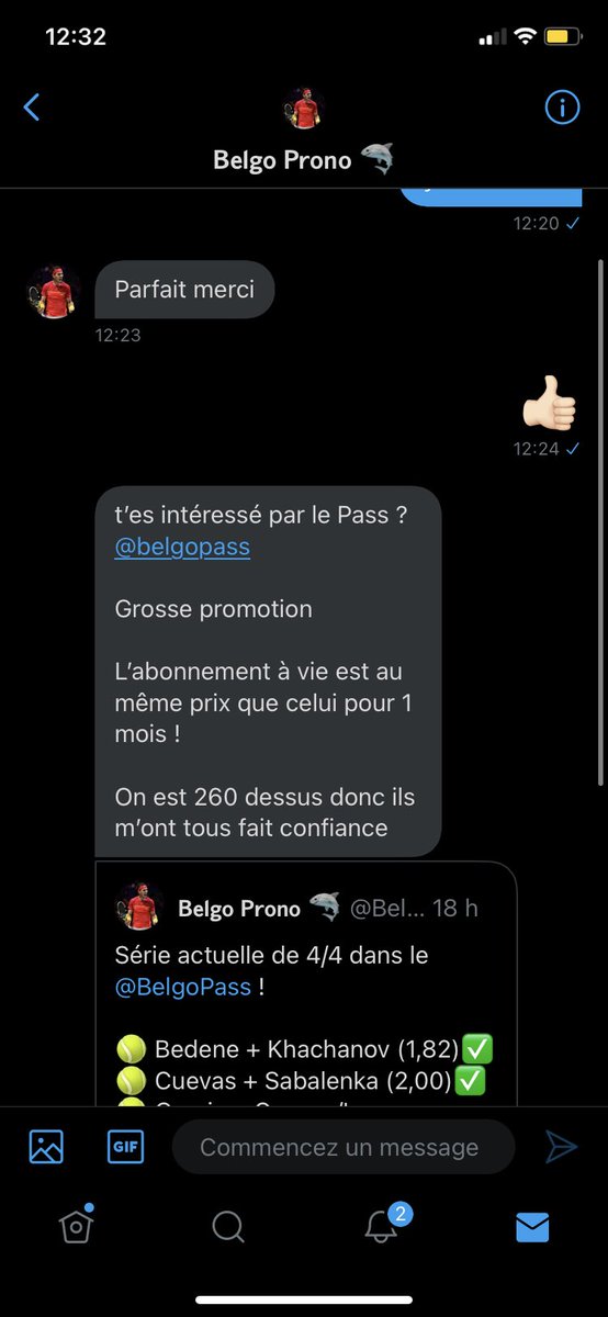 J’ai pris mon compte secondaire pour pouvoir suivre un peu ce qu’il faisait, déjà une fois que vous le suivez il vient direct en DM demander de prendre son vip.. pas de bilan pourtant