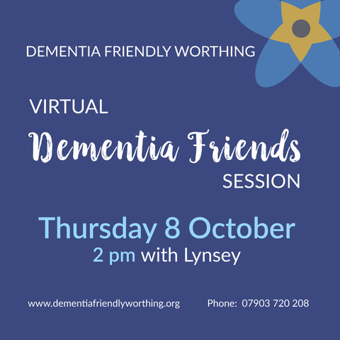 DFWorthing's tweet photo. Just 2 days until our @DementiaFriends webinar! Still some spaces available so email Lynsey at info@dementiafriendlyworthing.org for joining instructions. #wmhaw20 https://t.co/WNgSPbBgVU