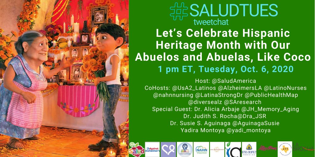 SaludAmerica's tweet image. In 1 HR, 
#SaludTues Tweetchat!! (1p ET, 10/06)

Let's Celebrate #HispanicHeritageMonth with Our Abuelos and Abuelas, Like Coco.

 salud.to/cocotheme