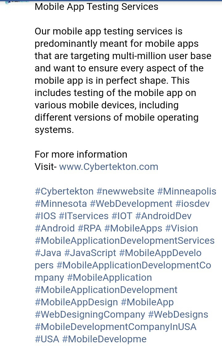 CyberTekton's tweet photo. Mobile App Testing Services

Our mobile app testing services is predominantly meant for mobile apps that are targeting multi-million user base and want to ensure every aspect of the mobile app is in perfect shape. This includes testing of the mobile app on various mobile devices https://t.co/lVfVi1orVn