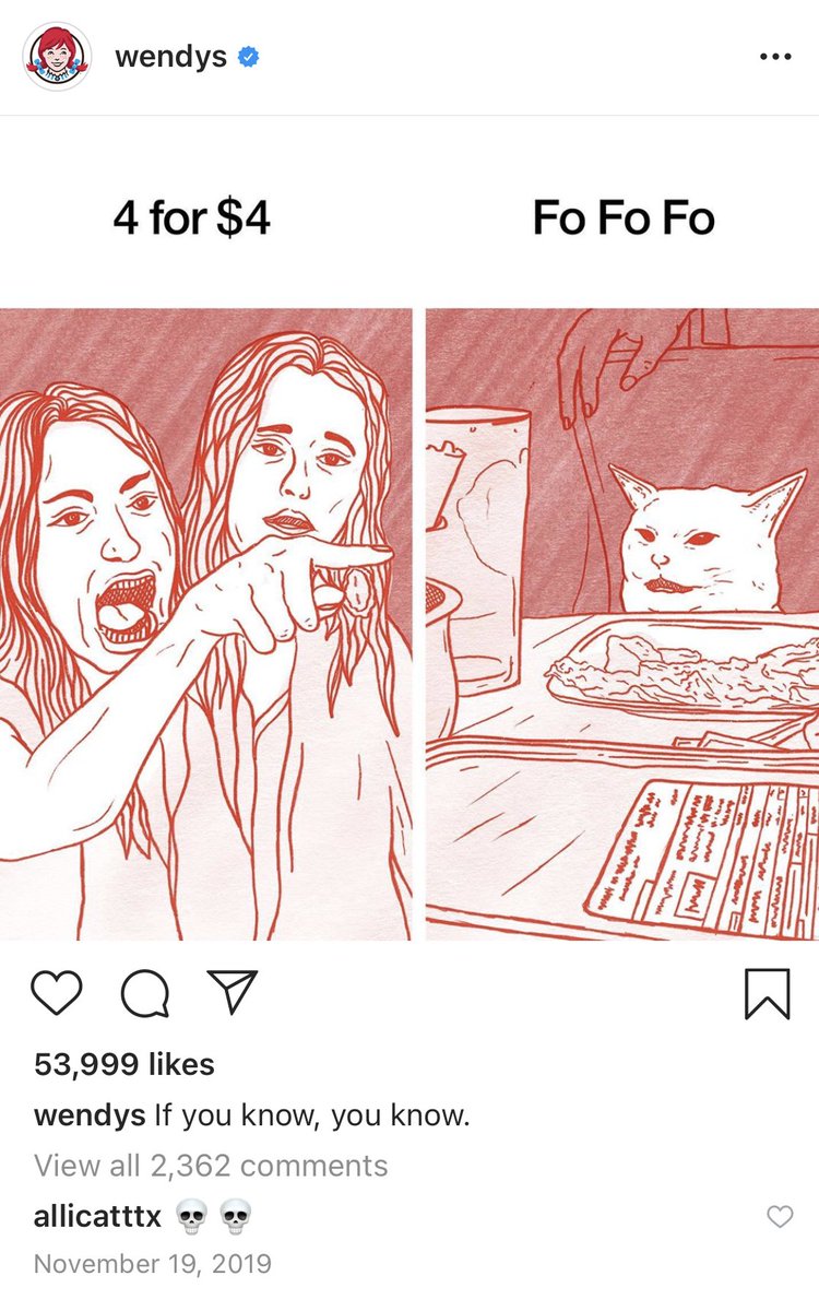willjadams's tweet photo. @Capitaldemarca 1) One brand in the food industry that's highly effective at using @instagram as a marketing tool is @Wendys. They are known for successfully implementing creativity, humor, &amp; wittiness into their posts to appeal to Instagram's younger audience 🍔🍟 #UNCWMKTG #ICMKTG https://t.co/UiWTtFioEo