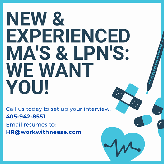 workwithneese's tweet photo. Call or apply today!

#workwithneese #medicalassistants #lpn #nowhiring #okcjobs https://t.co/XU1zc5UUQ5