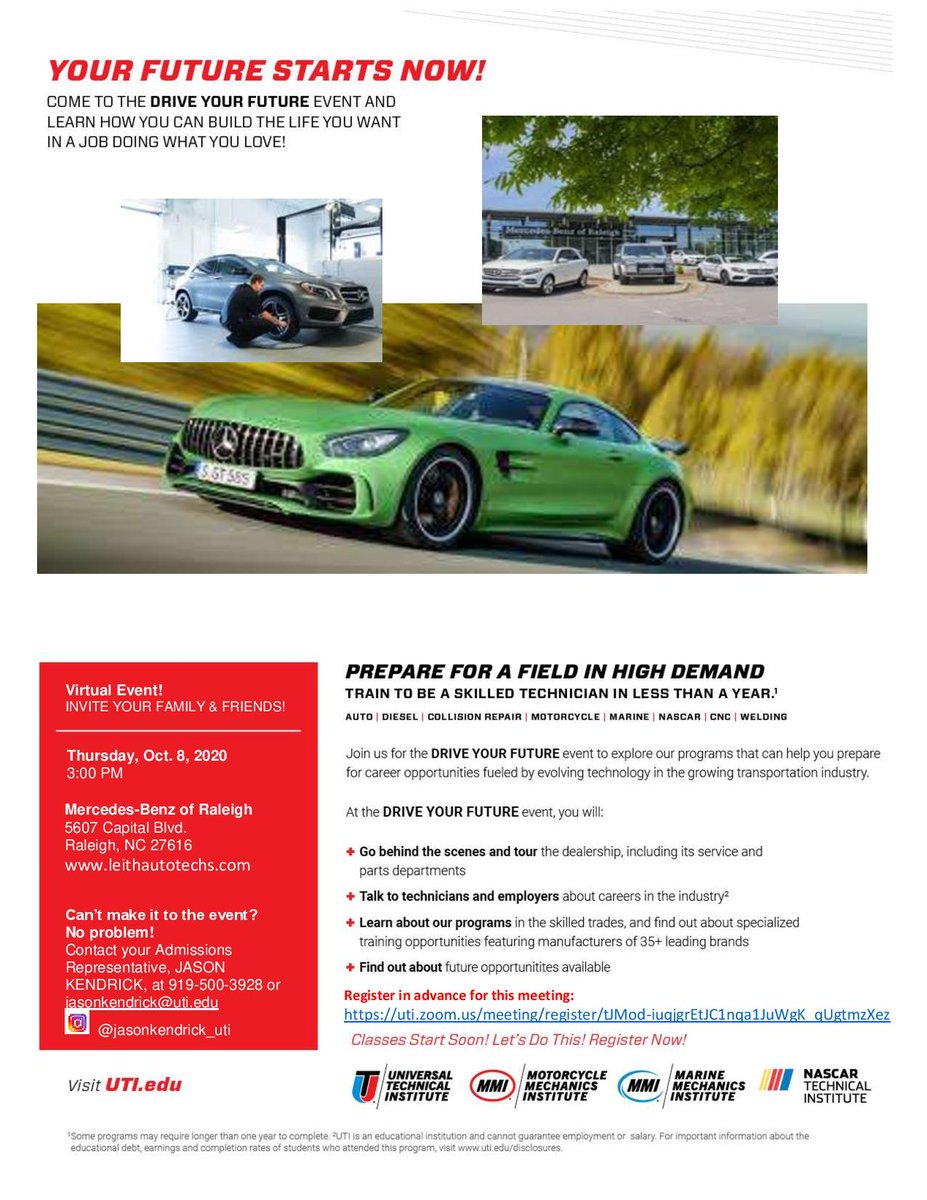 Students are you #Interested in #AutomotiveCareers ? UTI will be live at Mercedes-Benz of Raleigh Thurs, 10/8/20 @ 3 pm. Explore Mercedes-Benz & UTI's programs. Register today:
uti.zoom.us/meeting/regist…