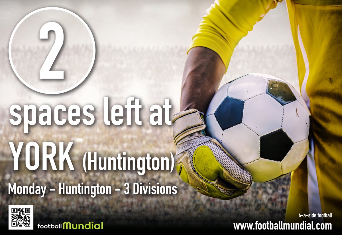 YORK (Huntington) Two spaces left in this Monday night 6-a-side football extravaganza!

Three superb divisions all played at Huntington School.

Get your team involved and sign up now - footballmundial.com

Enjoy the game / stay safe <a href="/york6aside/">York 6 a side</a>