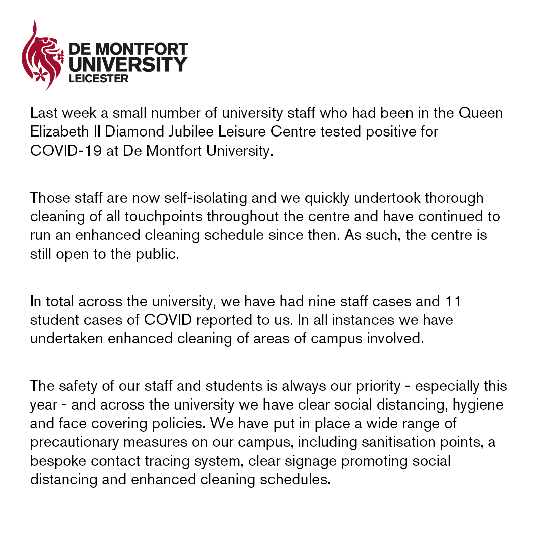 Statement: An update regarding COVID-19 cases on campus.

For information on what we will do in the event of more confirmed cases, visit our Your DMU Safety website: bit.ly/3iGpU9c