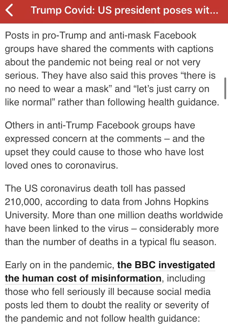 Marianna Spring (@mariannaspring) on Twitter photo This is the second time Facebook has removed a post from Trump over coronavirus misinfo👇
And both his comments about flu and not fearing Covid have fuelled false claims in Facebook groups that the pandemic is not real or serious! As well as outrage.
My latest <a href="/BBCWorld/">BBC News (World)</a> This is the second time Facebook has removed a post from Trump over coronavirus misinfo👇
And both his comments about flu and not fearing Covid have fuelled false claims in Facebook groups that the pandemic is not real or serious! As well as outrage.
My latest <a href="/BBCWorld/">BBC News (World)</a>