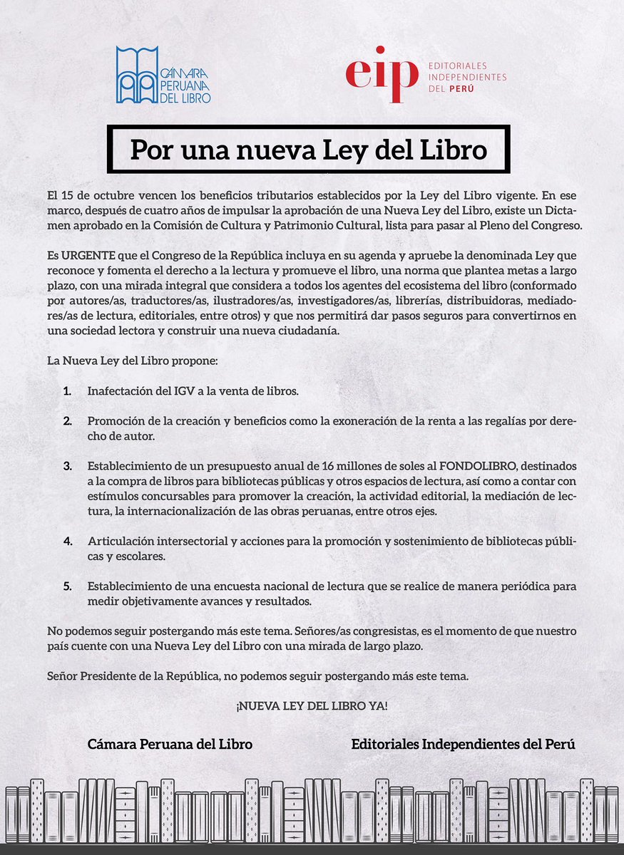 Los beneficios de la Ley del Libro vencen el 15 de octubre. 
Por ello, es urgente que el Congreso y el Ejecutivo aprueben la nueva Ley del Libro, que nos permita dar pasos seguros para convertirnos en una sociedad lectora y construir una nueva ciudadanía. #nuevaLeydelLibroYA 📚