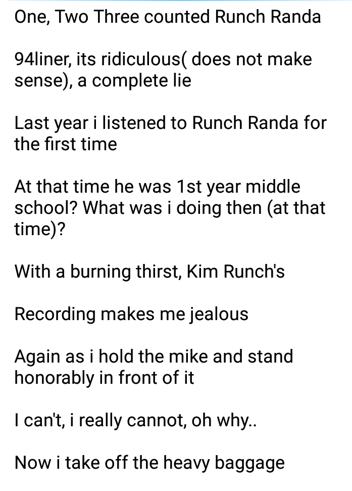 other artists on jungle radio also mentioned runch randa multiple times in their lyrics - “last year i listened to runch randa for the first time // at that time he was 1st year middle school? what was i doing then?”. he was well-respected and regarded in the underground scene.