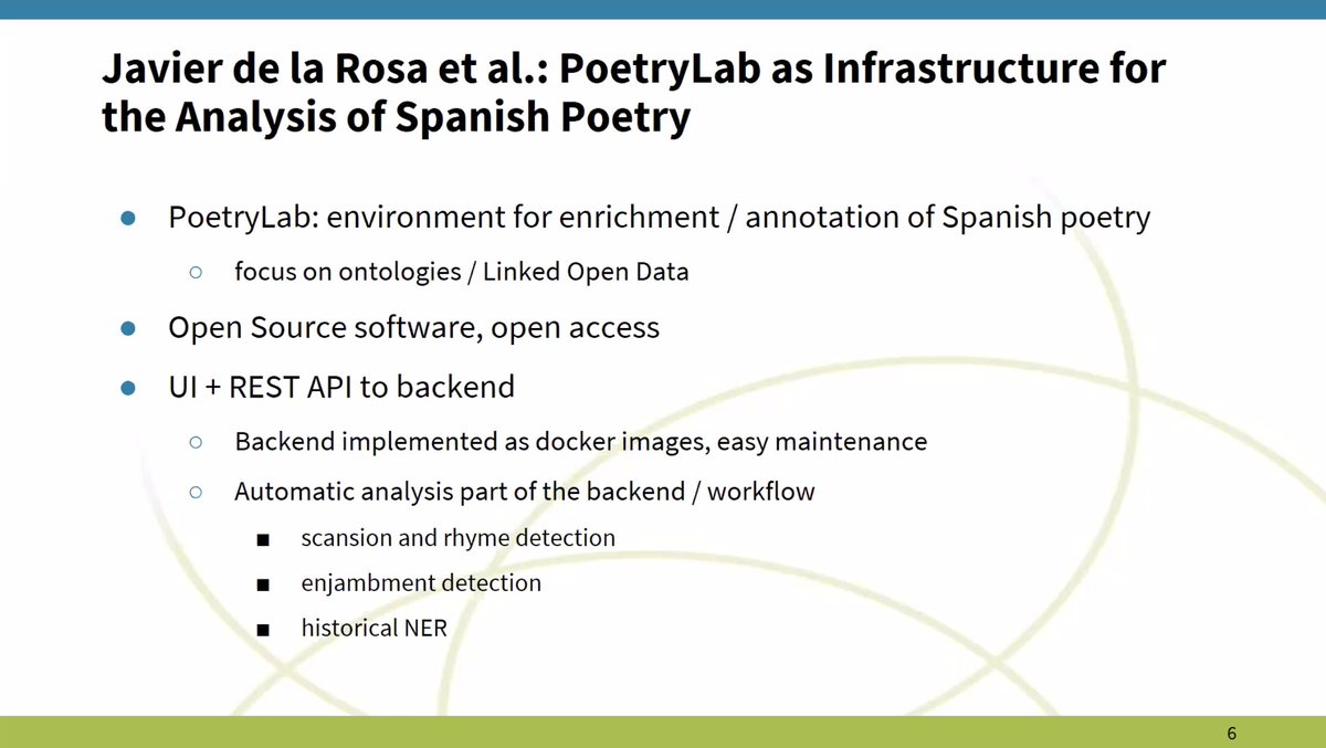 CLARINERIC's tweet photo. #POSTDATA Project presents its Open Source Toolkit for the analysis of Spanish poetry corpora, #PoetryLab by @linhduned @elenagbg @srosmu @versae @lamusadecima @leireleguina ➡️Slides:  https://t.co/923CotizNS https://t.co/vLYfAh1F14