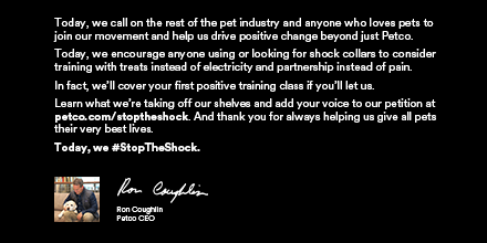 Petco's tweet photo. We're saying NO to Shock Collars and YES to positive reinforcement dog training. Join our movement by signing our petition at https://t.co/2v7TqzYreH. #StopTheShock https://t.co/j9RdV0Iyab