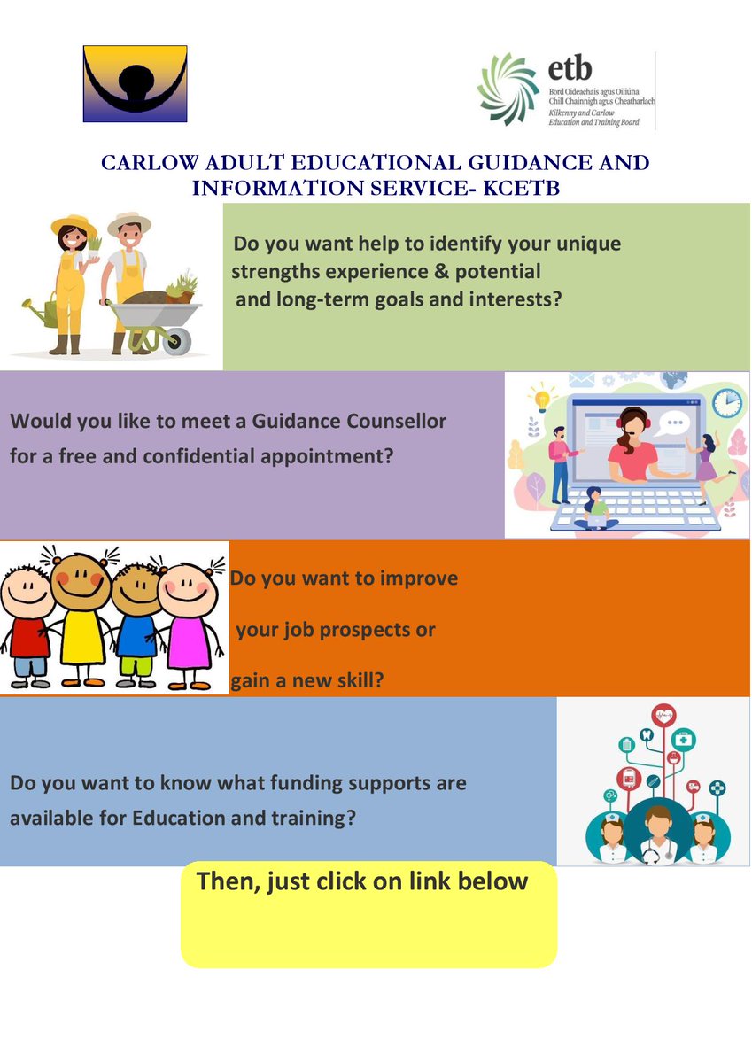 Book a free, confidential, impartial adult guidance appointment with an experienced Guidance Counsellor to look at education, upskilling and/ or employment opportunities with <a href="/kcetb/">Kilkenny and Carlow ETB (KCETB)</a>. It is available to those on any type of Social Welfare payment.
Info👉 forms.office.com/Pages/Response…