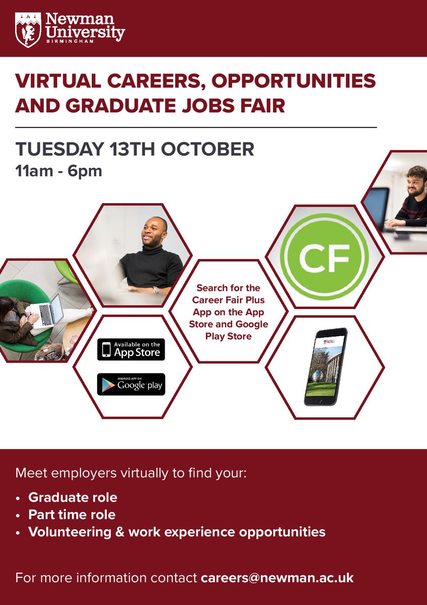 Newman_Uni's tweet photo. 1 week to go until the #NewmanUniversity Virtual Careers Fair! ⌛

You will have the chance to talk to graduate employers, part time employers &amp; charities to discuss opportunities. 😊

Don't miss out! For more info email careers@newman.ac.uk &amp; visit: https://t.co/zPOiQICrP1 https://t.co/b1iCY98XfI