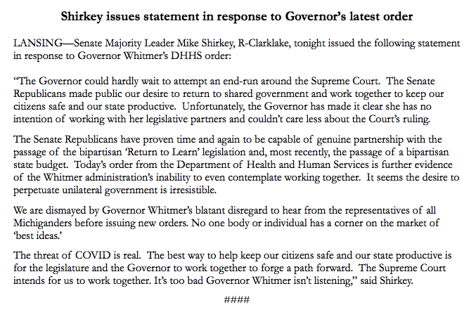 “The Governor could hardly wait to attempt an end-run around the Supreme Court ... and couldn’t care less about the Court’s ruling,"  @MISenate Majority Leader  @SenMikeShirkey said in a statement last night in response to the new mask mandate from DHHS. https://www.crainsdetroit.com/coronavirus/state-health-chief-reinstates-mask-mandate-limits-gatherings-new-order