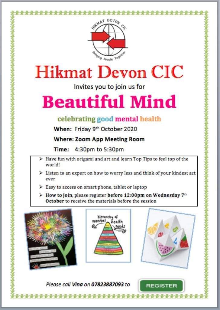 Hikmat invites (BME) communities to join us for Hikmat Family Mental Health Zoom Activity this Friday 9th October at 4:30_ 5:30pm. If you interested to join us, please Call Vina to get the register for the meeting ID and password. phone number in the flyer. Hope to see you all.😊